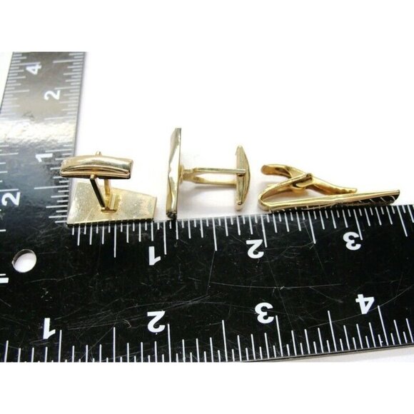 Vintage Rectangle Cufflinks Set Tie Clip Gold Tone Wedding Accessories Pat No - Picture 6 of 9